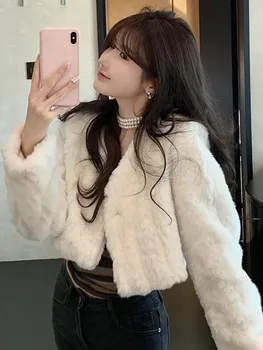 Image Women Short Faux Lamb Fur Jacket V-neck Furry White Fluffy