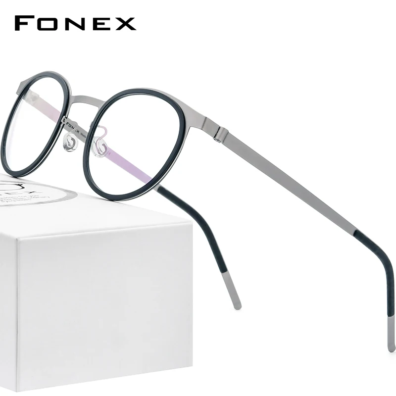 FONEX Acetate Alloy Glasses Frame Men 2024 Women Vintage Round Eyeglasses Frames Screwless Eyewear 98625