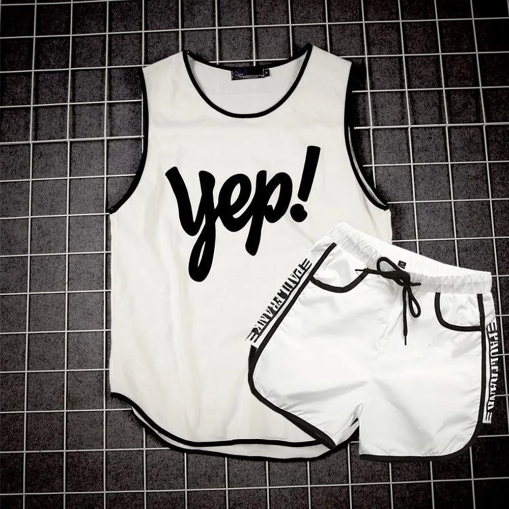 Summer New Men's Suit Letter Printing Sleeveless Vest Shorts Casual Fashion Trend Simple Loose Quick-Drying Sports Home Men Suit