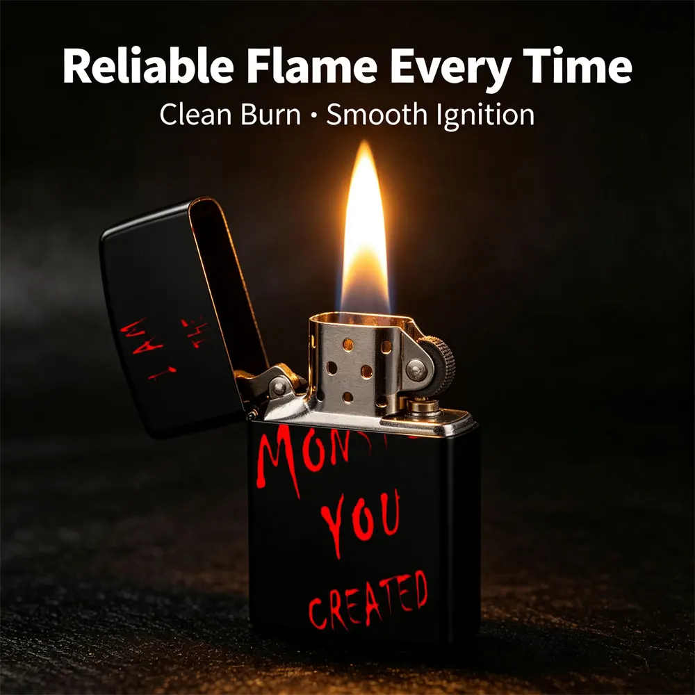 Pocket Lighter, Flip-Top Windproof Design, Metal Shell, Red Print Accent, Comfortable Grip, Portable & Durable, Classic Style