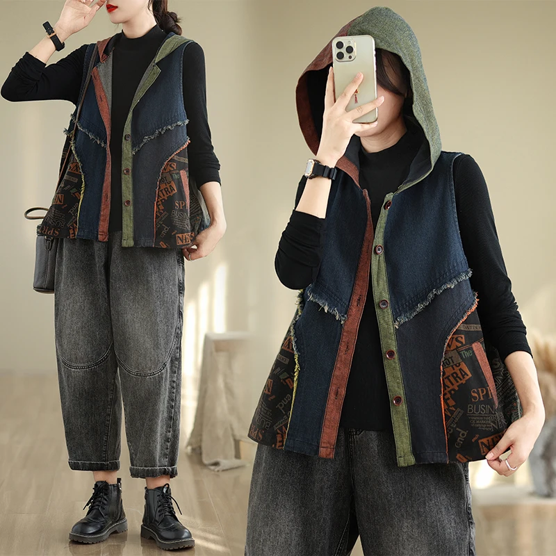 

Повседневный джинсовый жилет, женский весенне-осенний цветной дизайн, шляпа с дизайном в наличии, смесь хлопка и полиэстера, застежка на одной пуговице