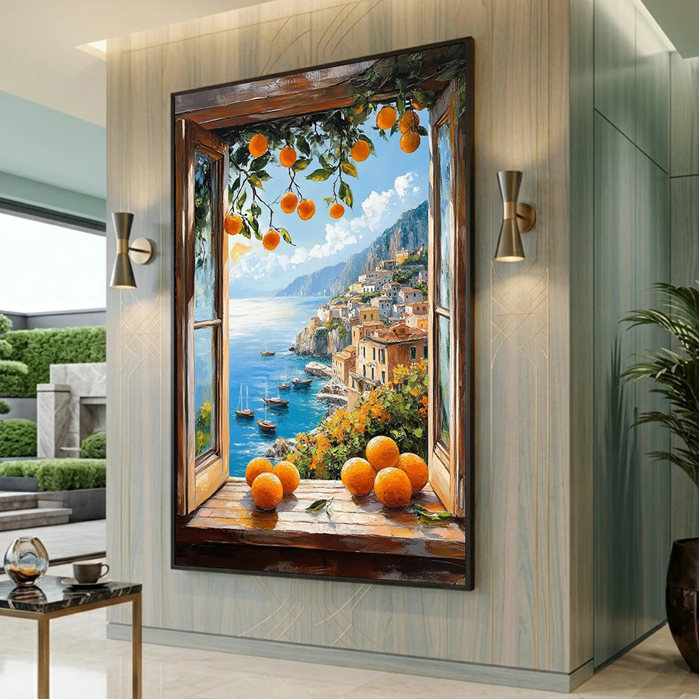 Mediterranean Coastal View Canvas Poster, Wall Art Print, Open Window with Oranges, Seaside Village, Blue Sea Landscape, No Fram