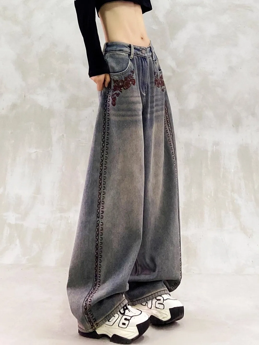 

Ретро джинсы с вышивкой и боковыми разрезами, повседневные, с высокой талией, прямые, женские, осенние, новые, широкие брюки, джинсы с высокой талией