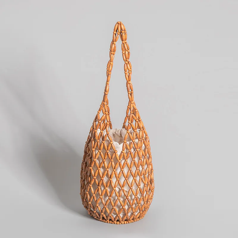 Wooden Bead Bag Hand-woven Summer Holiday Beach String Shoulder Bag Women Designer Handbags Luxury