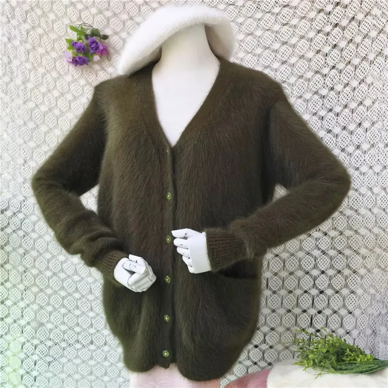 Ladies Women Autumn Winter Fashion Green Hairy Mink Cashmere Knitted V-Neck Long Sleeves Loose Caridgans Angora Fur Sweater Coat
