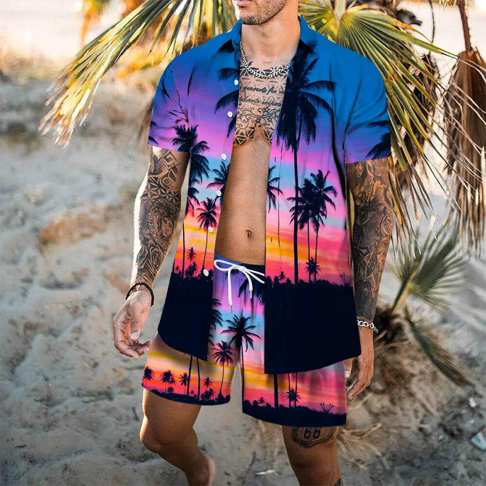 Camisetas hawaianas + Pantalones cortos para hombre, trajes de 2 piezas, estampado de flamenco 3D, conjuntos de camisas de playa para vacaciones,