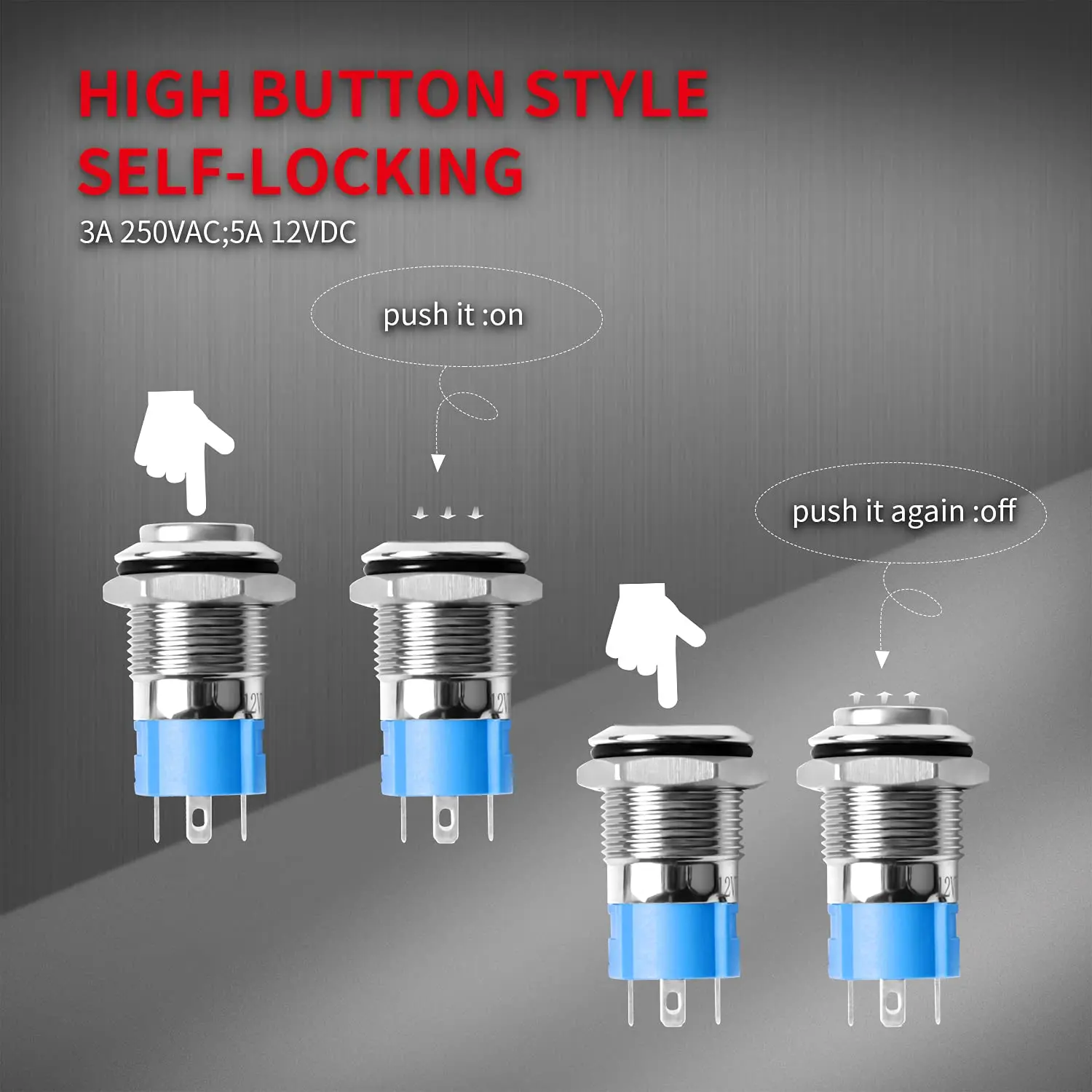 12/16mm Latching Push Button Switch Metal Stainless Shell IP65 Waterproof Power Symbol Pattern Self-Locking 1NO 1NC