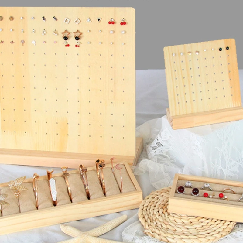 Natural Wooden Jewelry Display Stand 56/132 Holes Earrings Holder Classy Earring Organizer for Home Shop Countertop