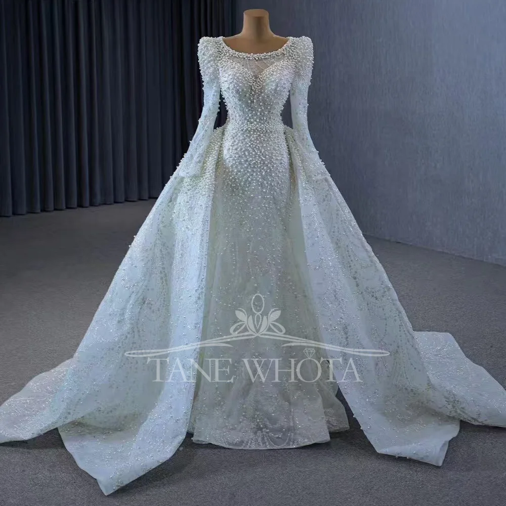 Luxurious Wedding Dress O Neck Long Sleeves Lace Up Back Bridal Dress Beading Pearls Customized Brautkleid Hochzeit