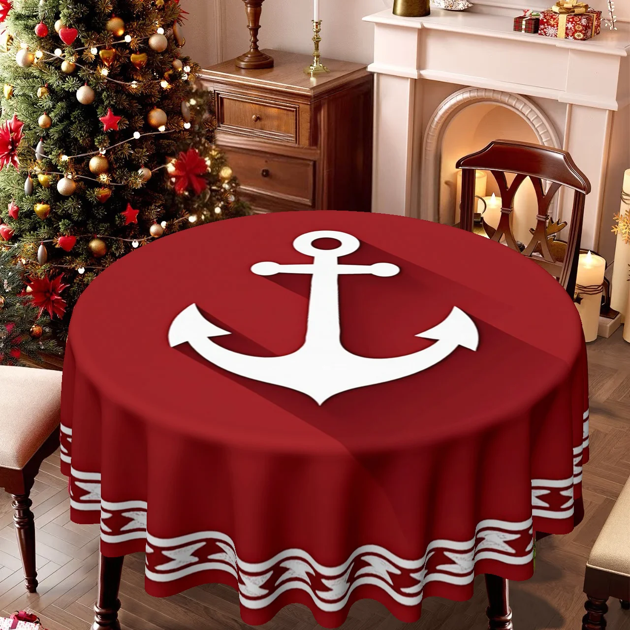 1 piece, round tablecloth, Christmas maritime theme, anchor design, perfect for decorating family kitchens and dining areas