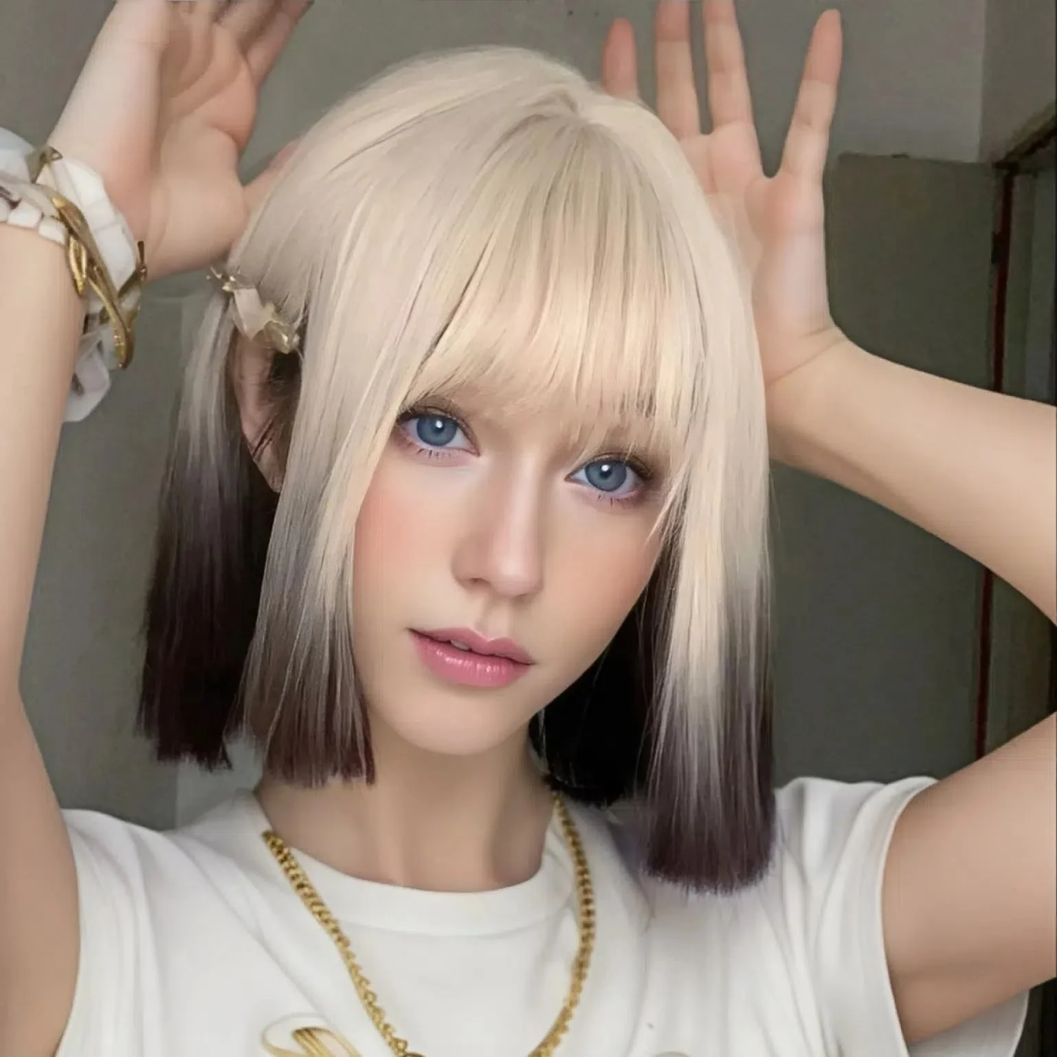 Cute Short Wig, Wig With Bangs, Woman Synthetic Wig Ombre Short Bob,Light Blonde Black Ombre Straight Bob Hair Wig,Gifts for Her
