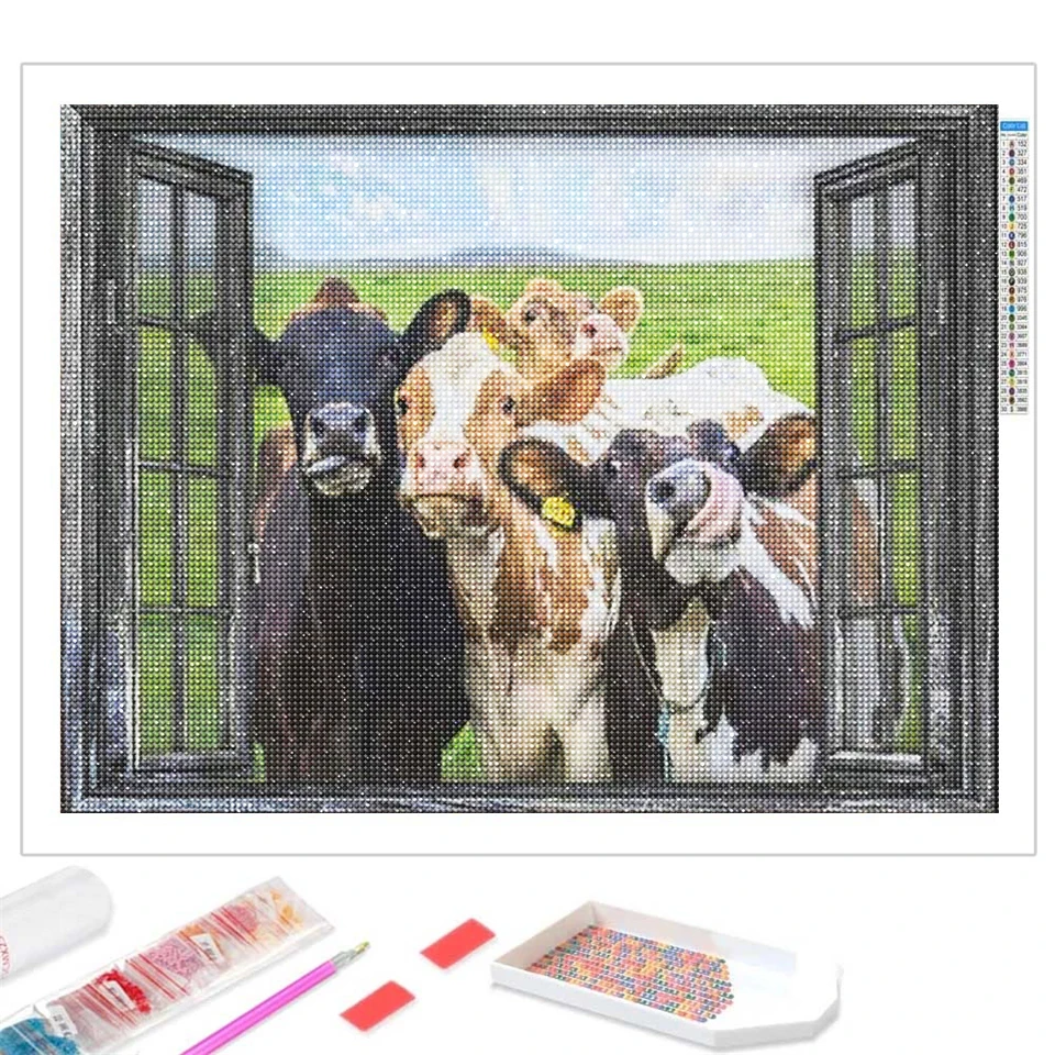 5D DIY diamentowa malowanie krowa przyjaciel przy oknie krajobraz pełna diamentowa mozaika krzyż zestaw do szycia zabawna dekoracja zwierząt