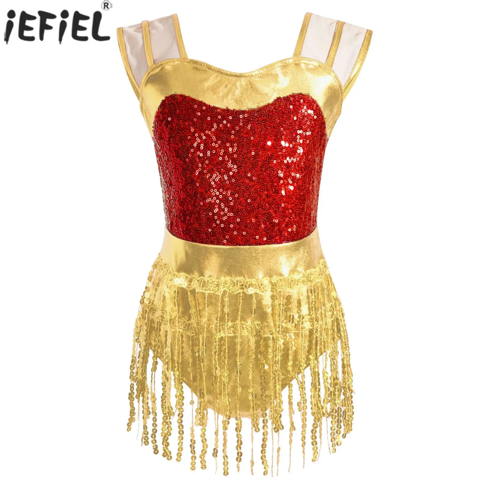 

Kids Girls Christmas Party Costume Latin Dance Cha-cha Tango Rumba Samba Performance Bodysuit Sleeveless Sequins Tassels Leotard