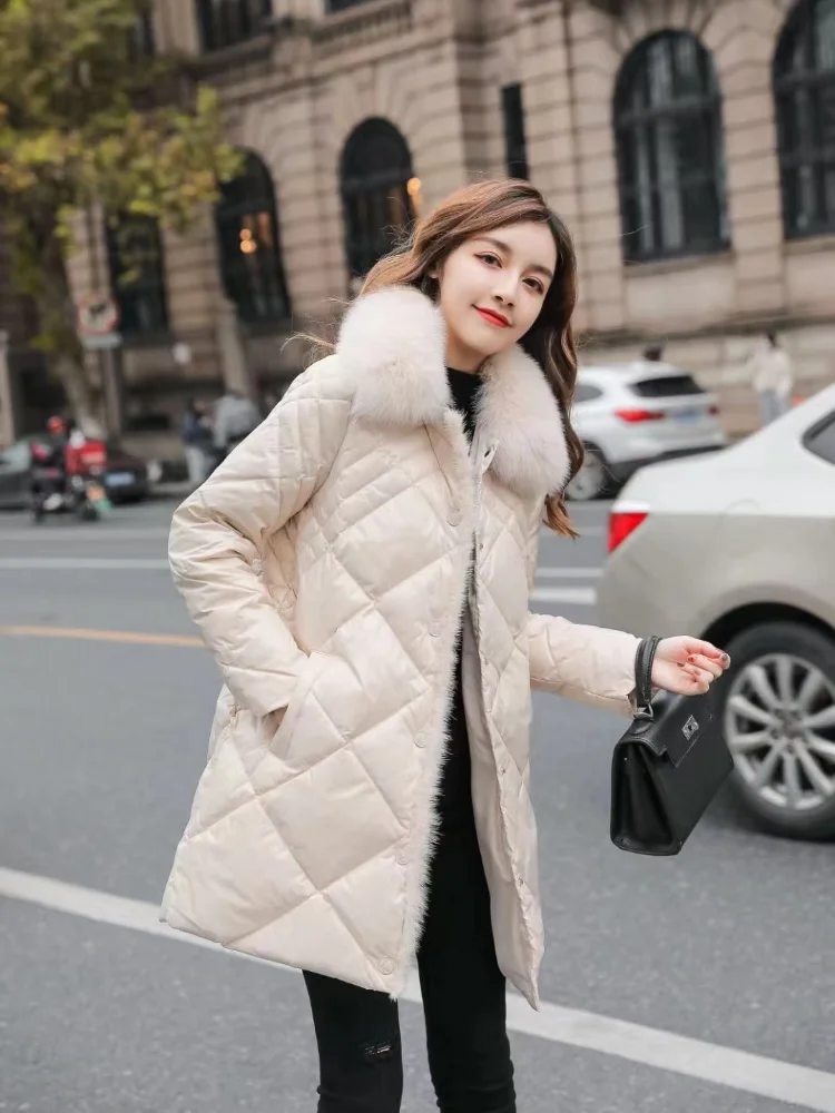 

Women's Winter Down Jacket Thickened 90 Duck Down Jacket Slim Hooded Medium-length 2024 New Fashion Sweet Fox Fur Collar Coat