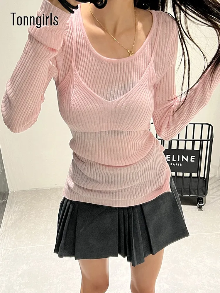 Tonngirls maglietta stile coreano donna lavorata a maglia manica lunga finta due pezzi top Y2k maglietta Vintage Streetwear Fairycore top