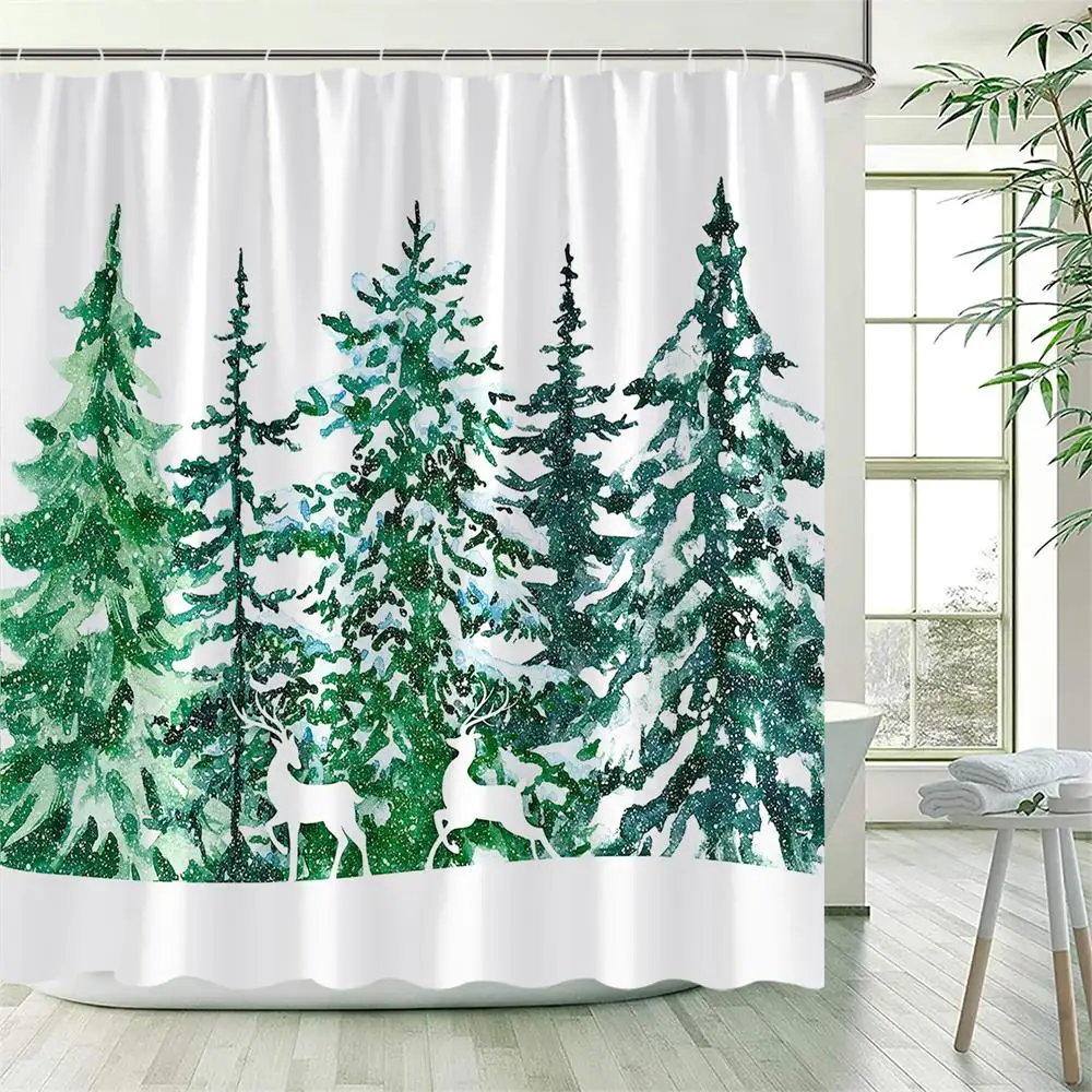 Winter Snowy Forest Shower Curtains Pine Tree Deer Snowflake Xmas Christmas Holiday Rustic Farmhouse Bathroom Decor with Hooks