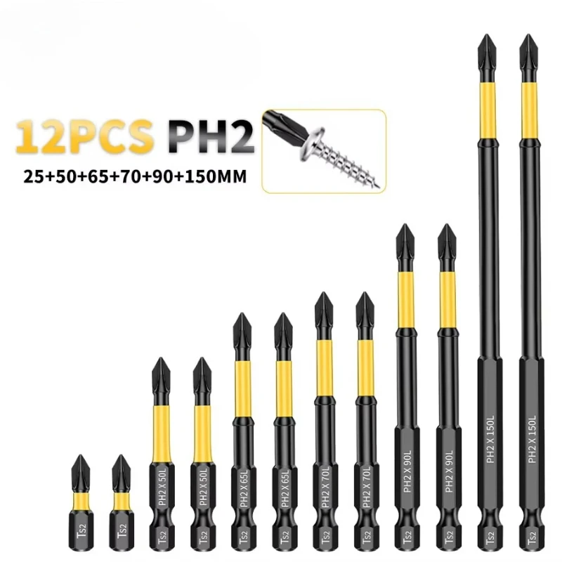 1-12pcs PH2 impact Magnetic Non-Slip Screwdrivers Bit Set for Drills Construction Electrical HVAC Repair Antislip