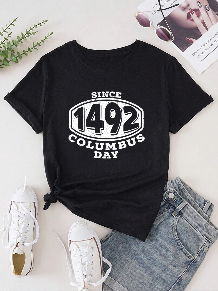 Since 1492 Columbus Day Christopher Columbus Navigator Tee Tops Printed O-neck Casual T-shirt Women's Clothing Fashion Vintage