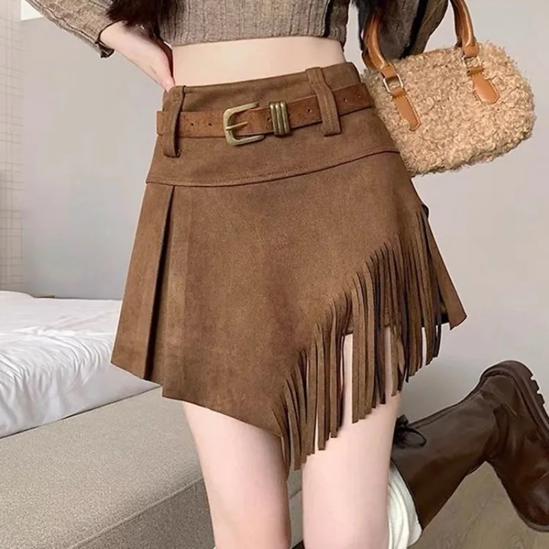 

Vintage Tassel Skirt for Women Y2k Asymmetrical High-Waisted A-Line Design Suede Velvet Black Skirt Harajuku Goth Mini Skirts