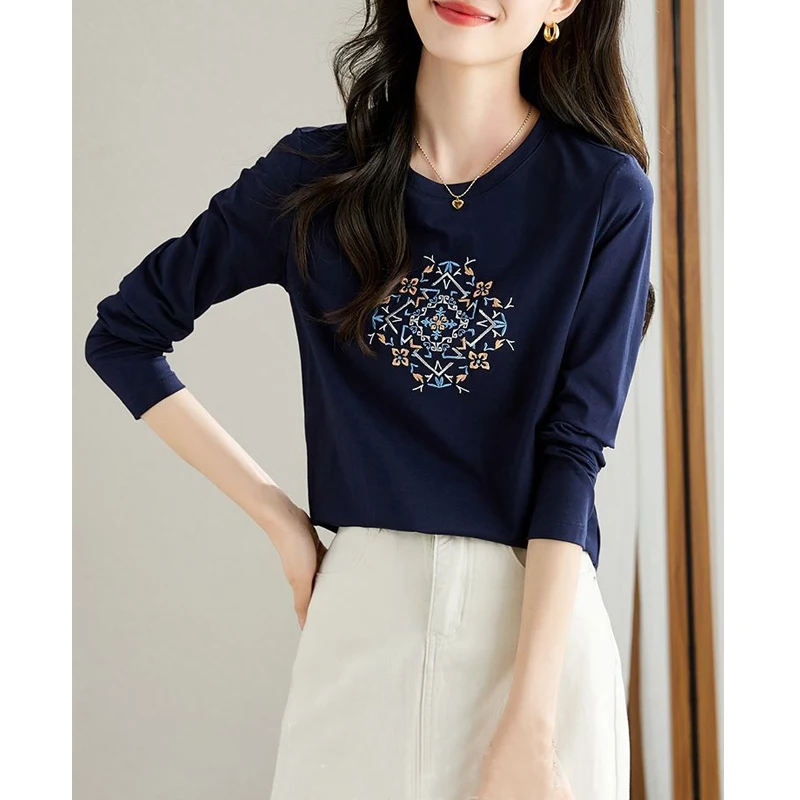 Women's Korean Style Embroidery Chic Long Sleeve Cotton Basic T-shirts Spring Autumn Casual O Neck All Match Top Female Clothing