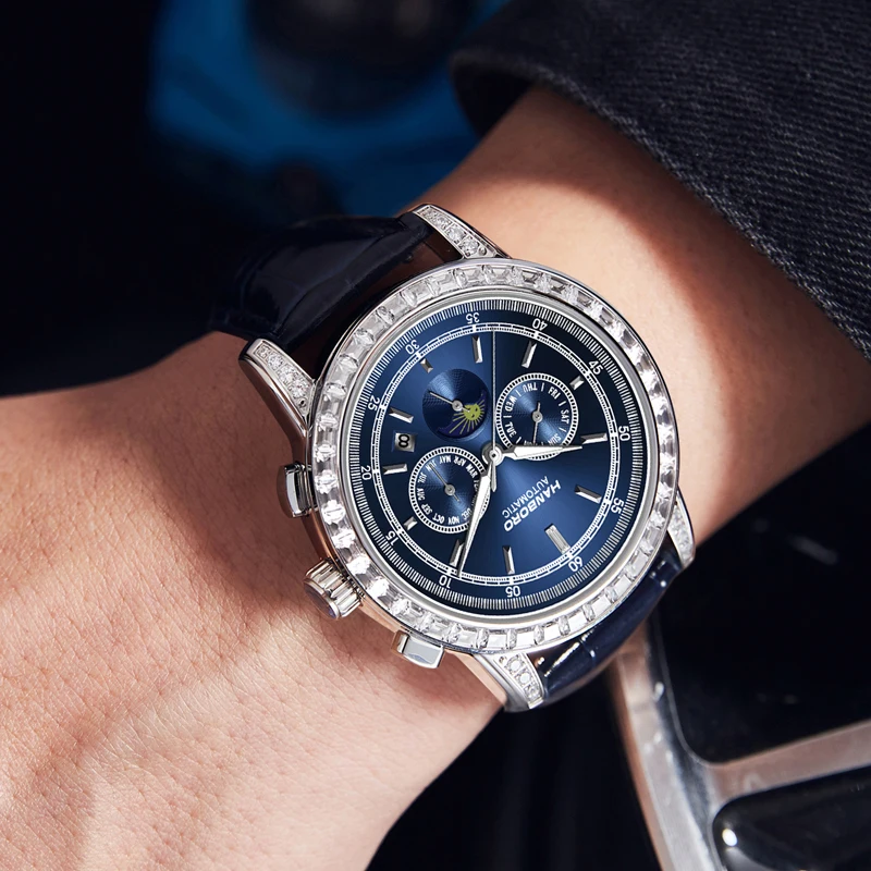HANBORO Men Automatic Watch 43.5mm Mechanical Wristwatch Waterproof Multi-Dial Month Week Date Crystal Bezel 3 Windows