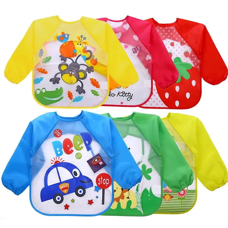 

Comfortable Baby Bibs Waterproof Long Sleeve Mickey Minnie Girl Bibs Kids Burp Cloth Feeding Bib with Pocket Child Apron Smock