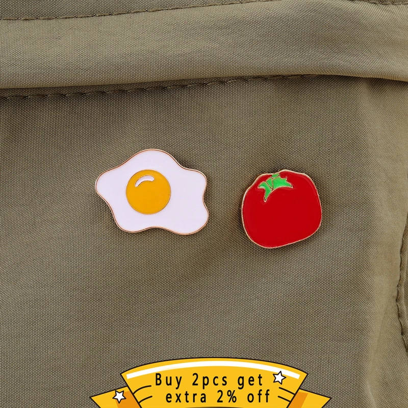 Tomato Enamel Pin Fried Eggs Metal Brooch Badge Food Vegetables Gifts Children Creative Accessories Cartoon Jewelry Backpack Hat