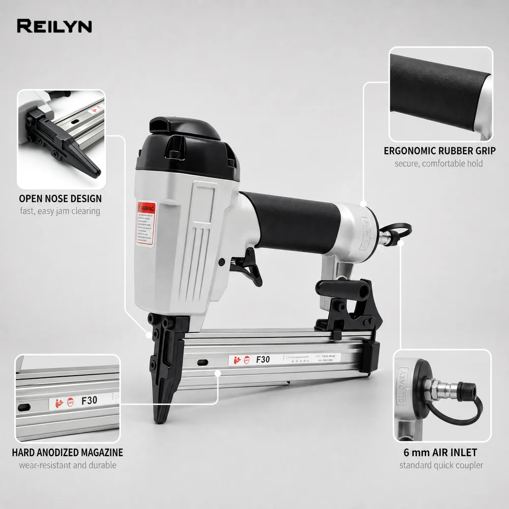 Reilyn 18Ga Air Upholstery Stapler F30 Pneumatic Framing Nailer Accept 10-30mm Brad Nails for Furniture Sheath Woodworking Tools