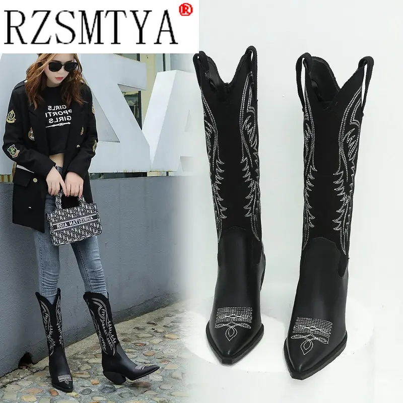 2020  Women High Heels Wedges Long Riding Boots Winter Knee High Boots Designer Beige Heels Western Cowboy Boots A162