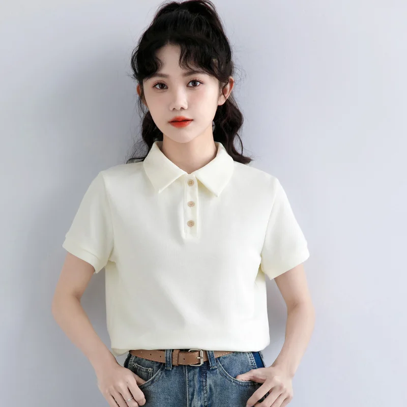 Apricot lapel T-shirt women's summer solid color simple versatile polo shirt