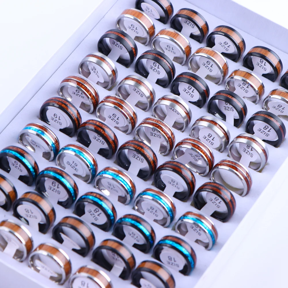 20Pcs/Lot Men's Casual Fashion High Polish Comfortable Stainless Steel Ring Blue Shell Wood Grain Wedding Birthday Party Jewelry