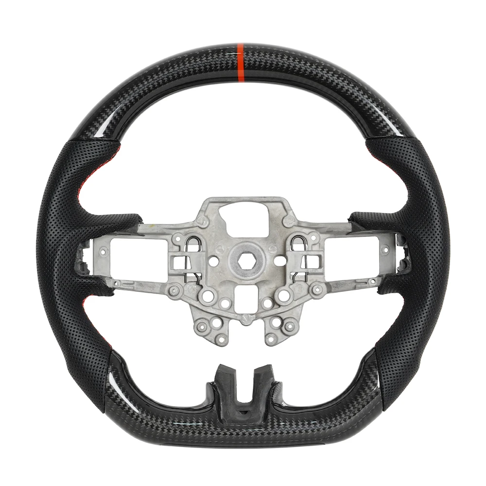 Dry Carbon Fiber Steering Wheel Fit For Ford Mustang GT 2015-2017 Round Top Flat Bottom D-Type Red Stitching Position Line