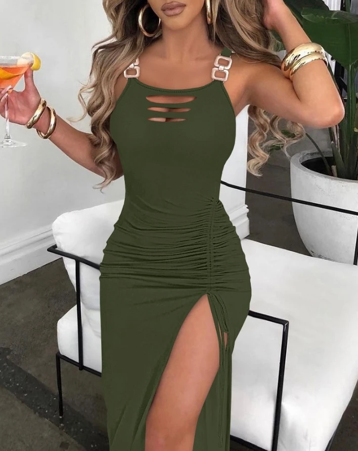 

Dresses for Women Ladder Cutout Slit Buckled Bodycon Skirt 2024 Latest Sexy Elegant Party Asymmetric Necksleeve Maxi Dress