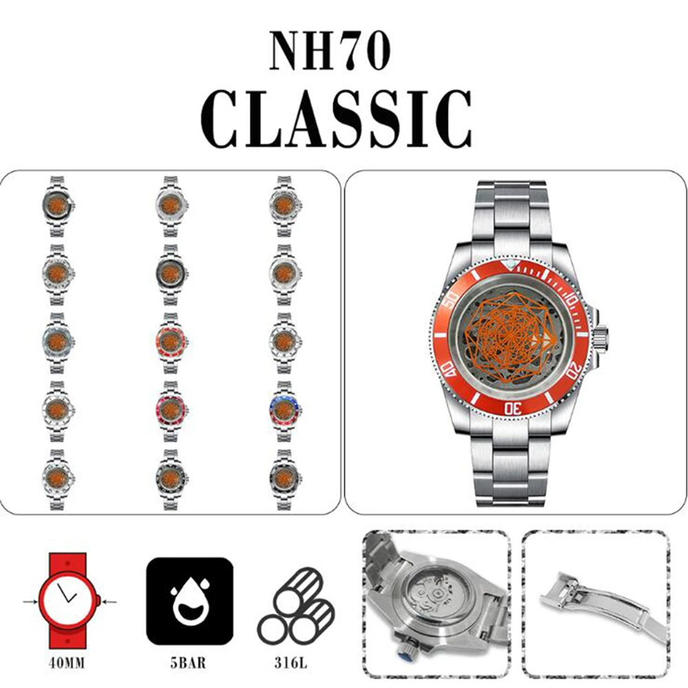 

40mm Men Mechanical Watch 316L Steel Case Sapphire Glass Skeleton Dial Orange Flower Shape Hands SUB/GMT Bezel NH70 Movement