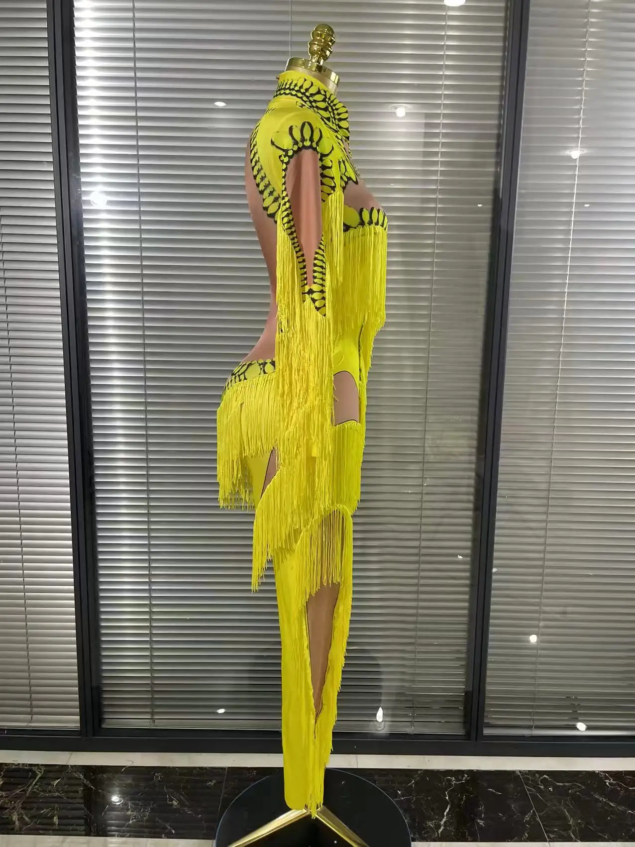 الأصفر شرابة بذلة المرأة طويلة الأكمام دنة نحيل هامش يوتار مثير المرحلة ارتداء DJ المغني راقصة عرض الحفلات زي #5