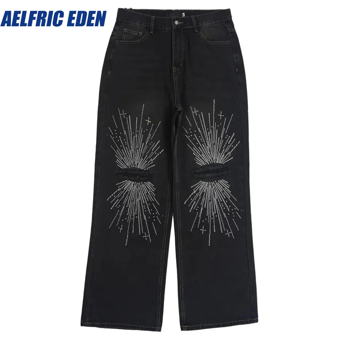 

Aelfric Eden Rhinestones Print Knee Ripped Hole Baggy Jeans Hip Hop Denim Pants Streetwear Harajuku Punk Loose Straight Trousers