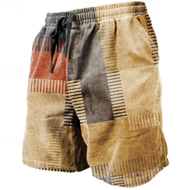 Vintage Patchwork Pattern Beach Short For Men Fashion Casual Summer 3D Fake Cloth Printed Short Pants Loose Street Swim Trunks