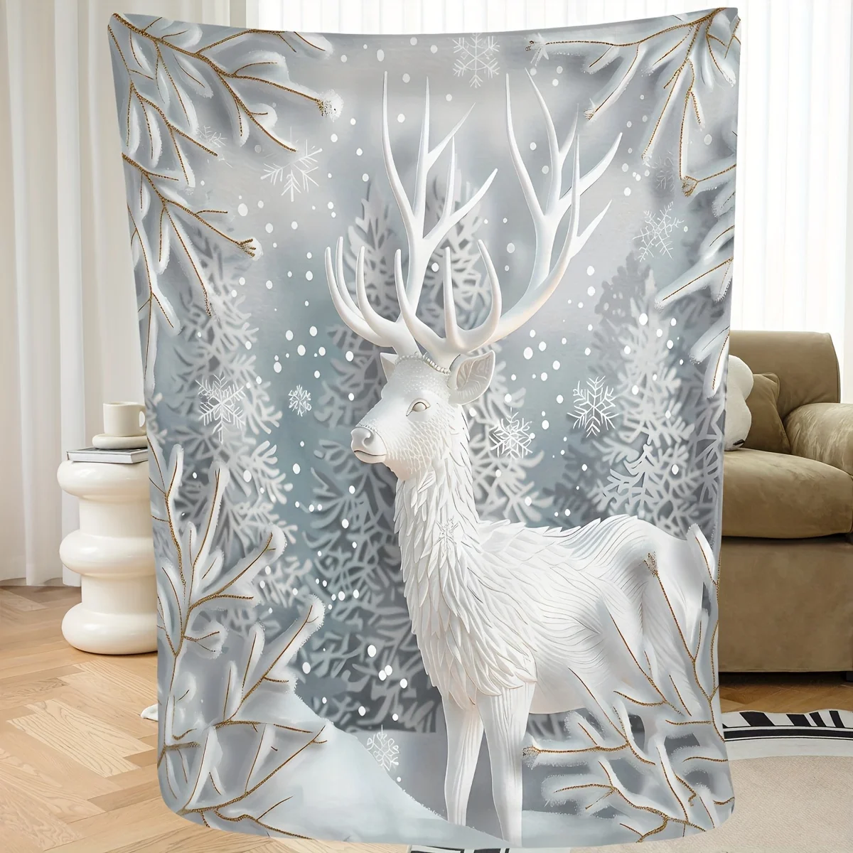 

1pc Christmas Winter Deer Snowflake Trees Digital Print Blanket - Soft Cozy All-Season Throw for Home Office Travel