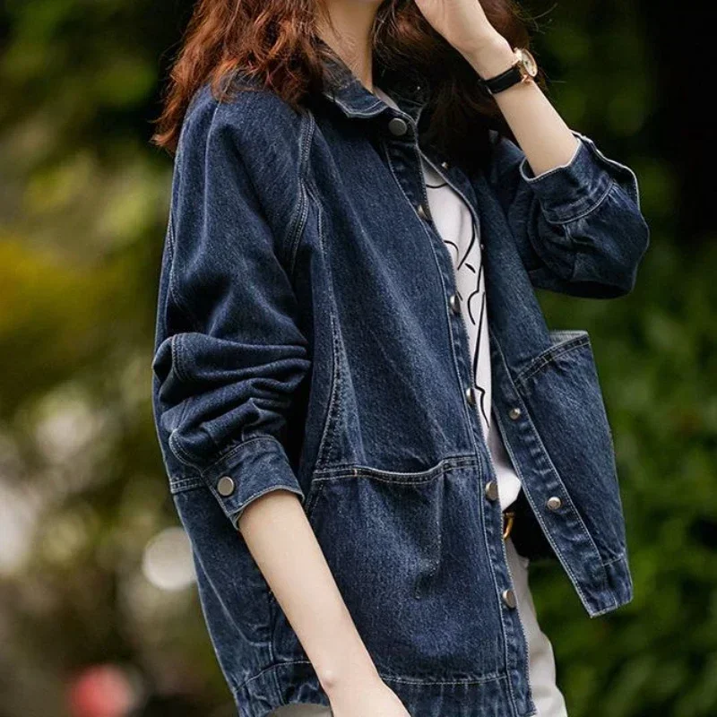 Pocket Outerwears Female Jeans Coat Blue Women\'s Denim Jackets Spring Autumn Korean Popular Clothes Vintage on Sale Low Price