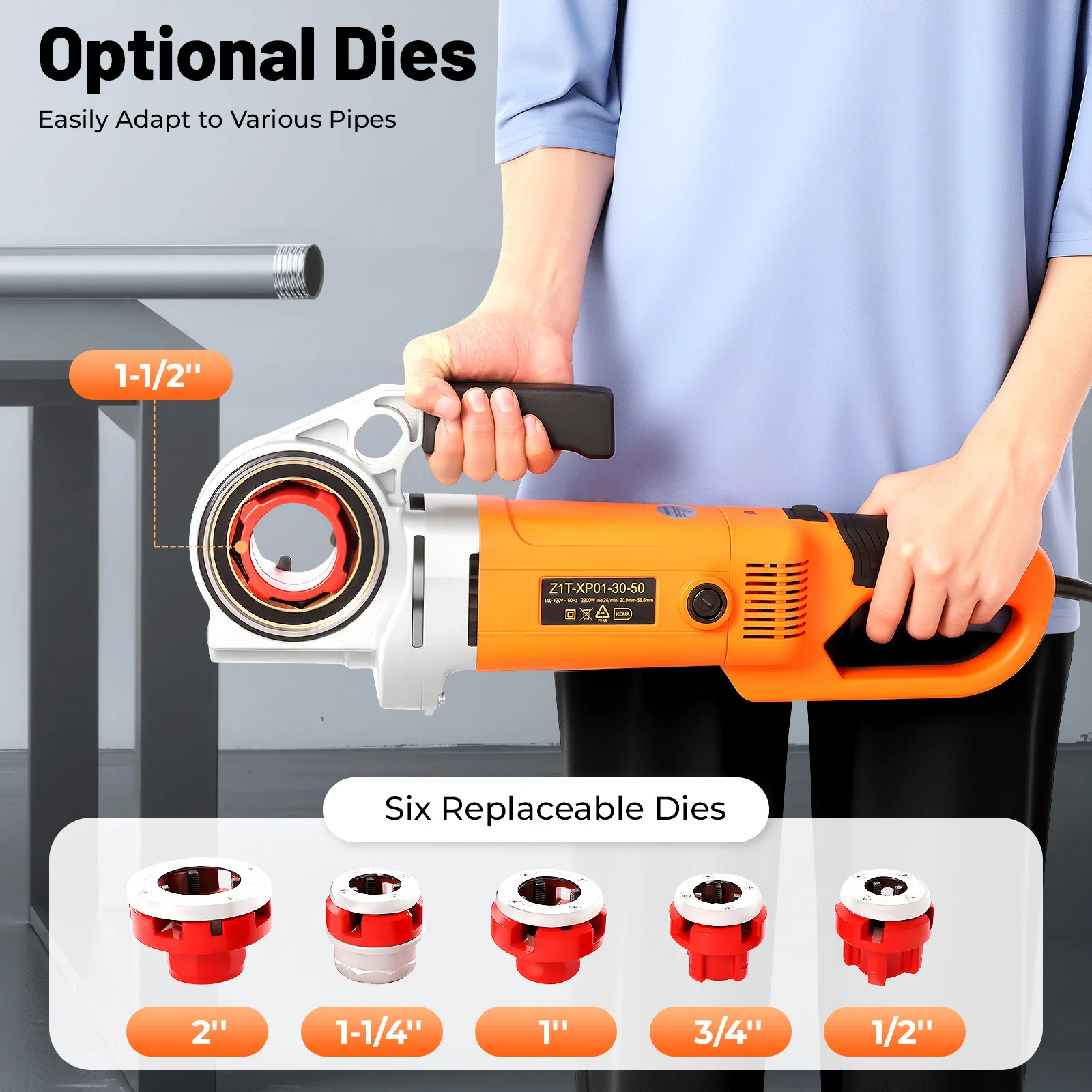2300W Electric Pipe Threader, 6 Dies 1/2