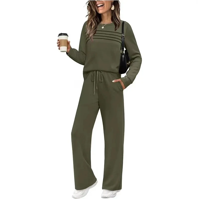 2025 New Women Round Neck Long Sleeve Pleated Top Elastic Waist Wide Leg Pants Casual Fashion Two Piece Set