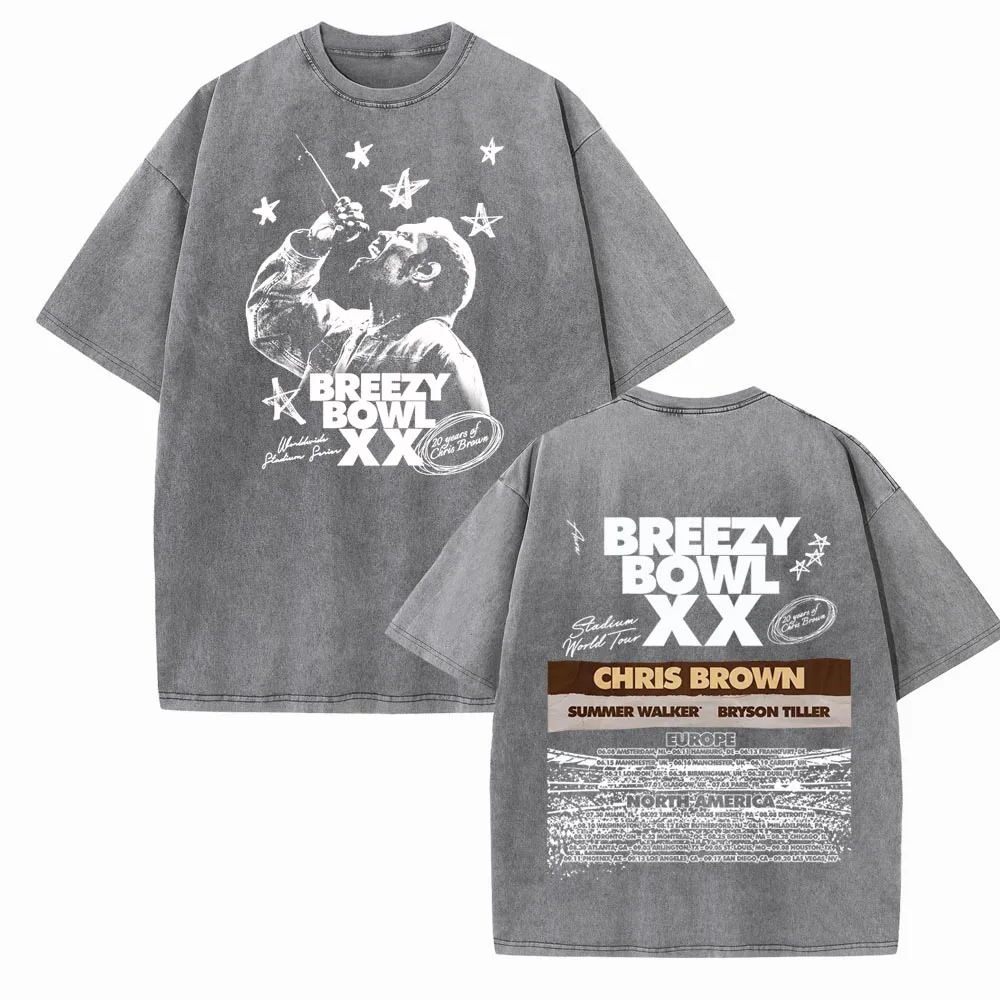 كريس براون بريزي باول XX جولة 2025 غسلها تي شيرت خمر س الرقبة قصيرة الأكمام تي شيرتات قطن