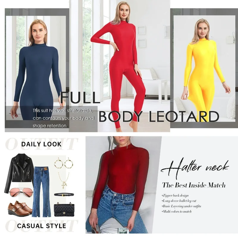 AOYLISEY Women Full Body Unitard Turtleneck Zip Ballet Long Sleeve Adult Dancewear Spandex Unisex Jumpsuit Gymnastics Costume