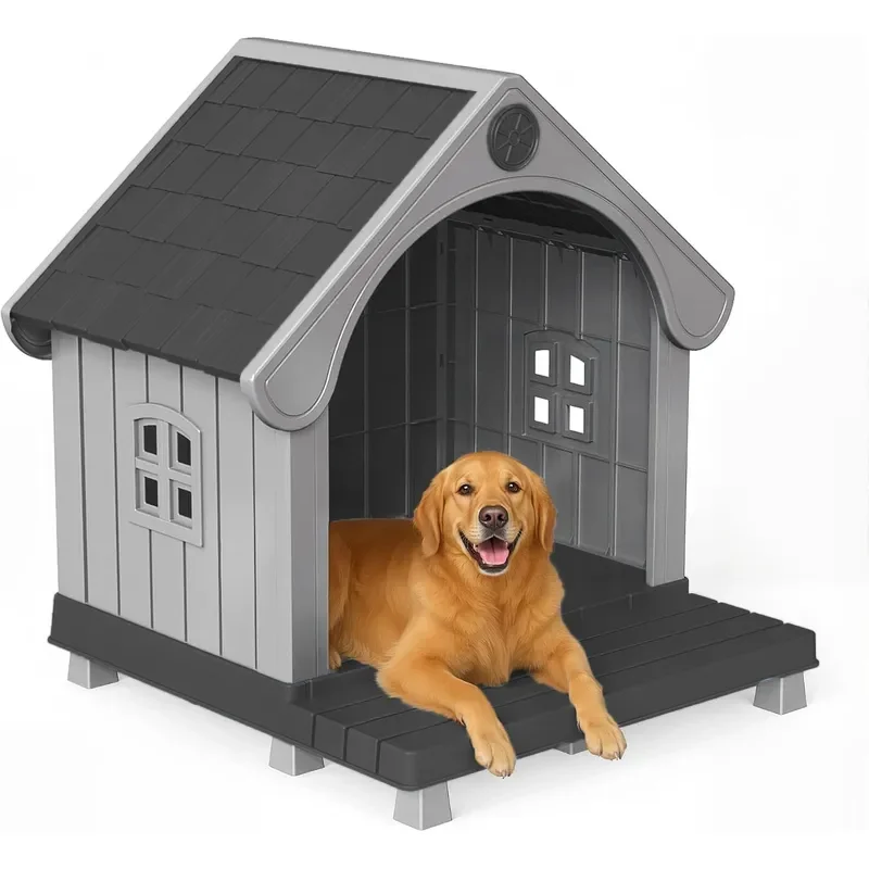 Dog House Resin Dog Kennel with Cute Elegant Design Extended Elevated Floor Dog Houses for Large Dogs Outside Weatherproof