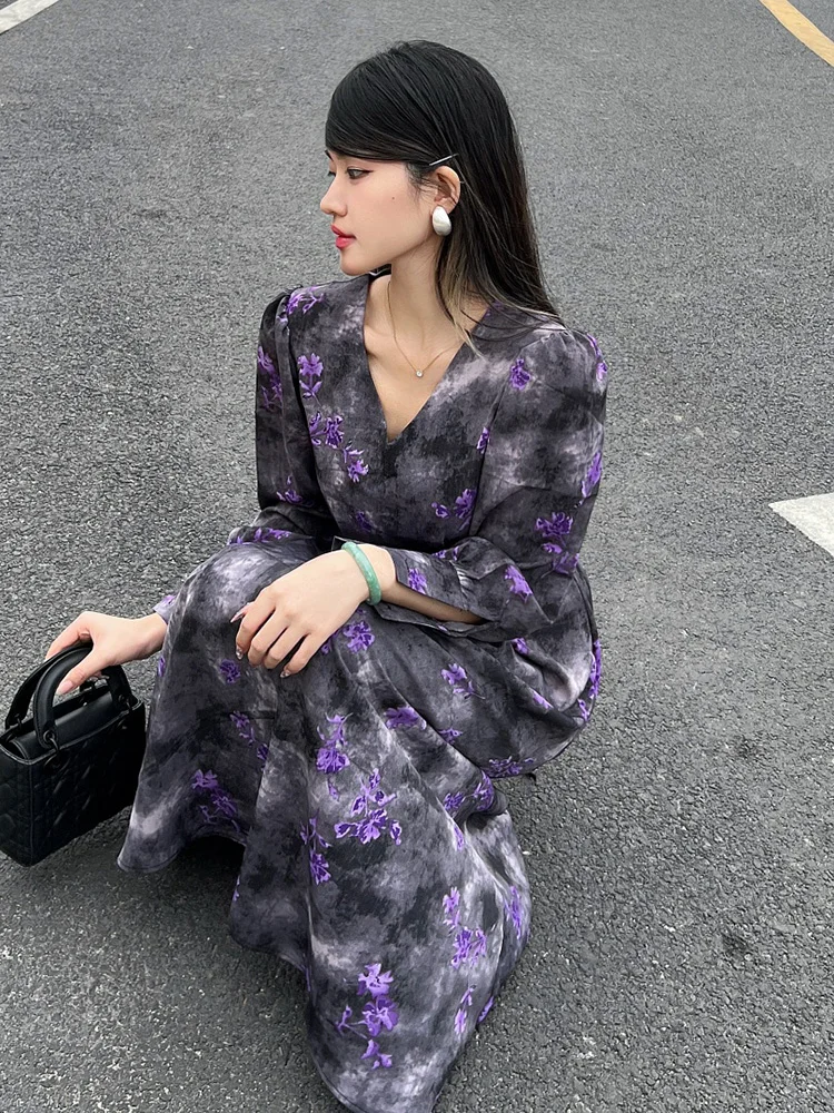 Damska sukienka wiosenna 2025 nowa koreańska wersja moda wróżka drukowanie Temperament dekolt w serek słodka kwiatowa długa Vestidos DS082