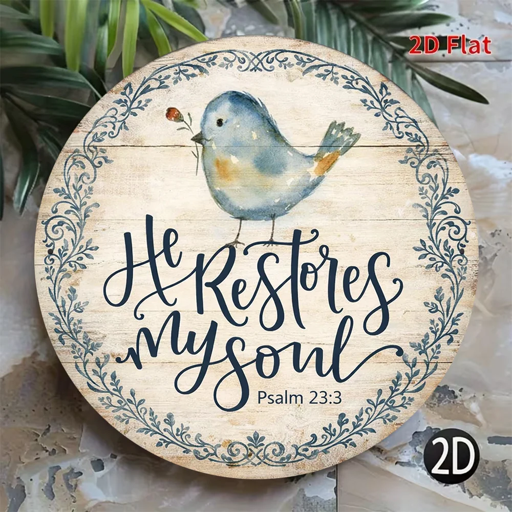 2D Flat Round metal Sign, Vintage Decorative Plaque with Bible Verse and Bird, 