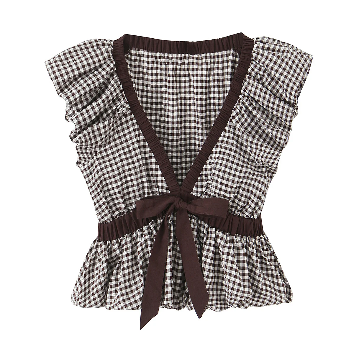 2026 New Women's European Elegant Plaid Ruffles Tanks Tops Lady Vintage V-neck Balloon Bow Lace-up Party Sleeveless Short Blouse
