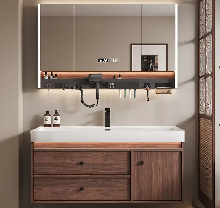 Medieval Style Walnut Color Bathroom Cabinet with Integrated Ceramic Basin Hand Washing Face Washbasin Lacquer Door Panel