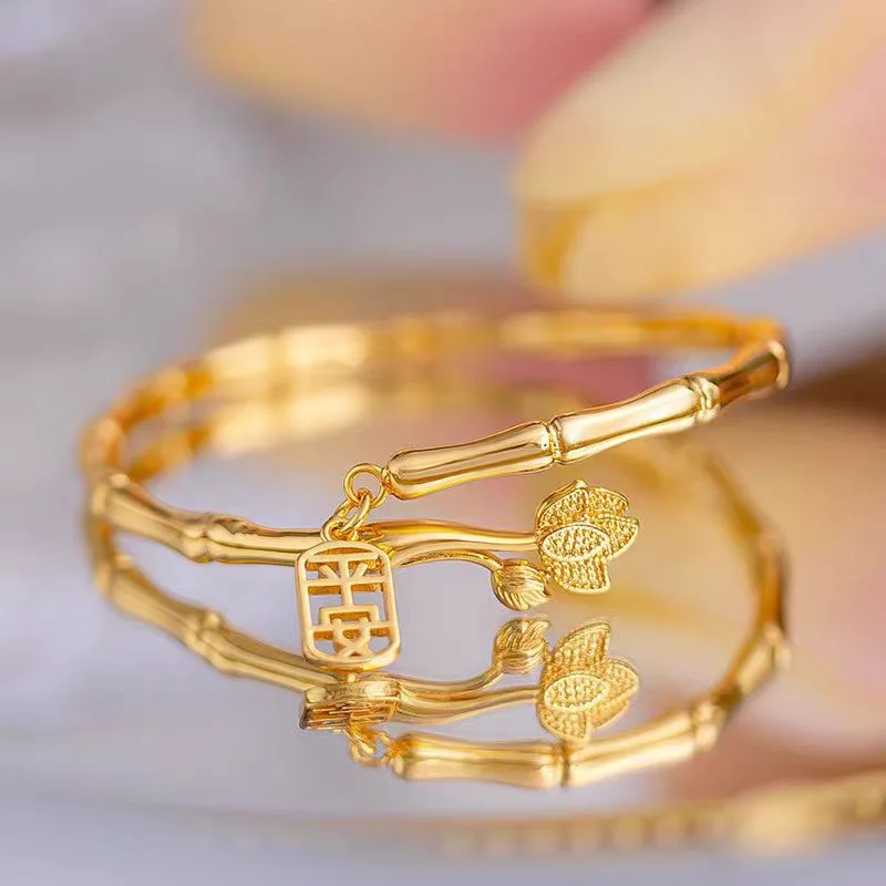 24K AU999 pure gold women's vintage lotus-pattern lucky open bracelet jewelry gift