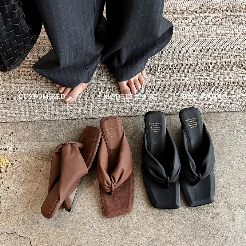 2026 new summer women sandals natural leather plus size 22-25.5cm soft heepskin split toe mules pleated high heel women slippers